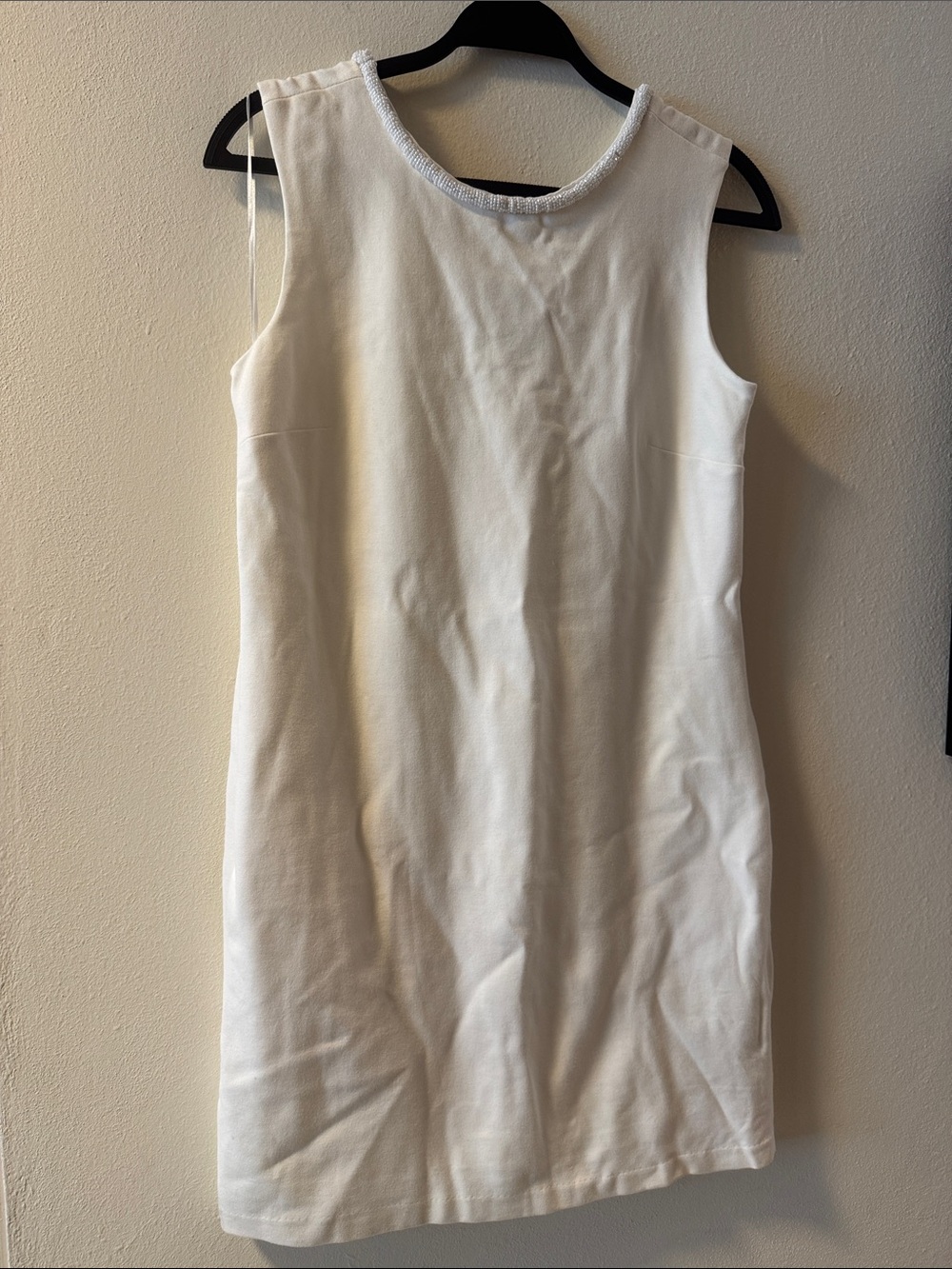 Sleeveless Cream Mini Shift Dress with Beaded Neckline